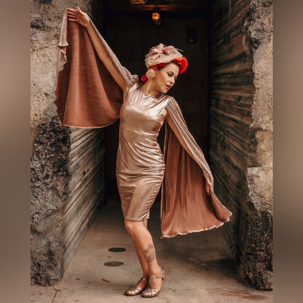 Akira Rose Gold Metallic Bell Sleeve wiggle dress Size Small